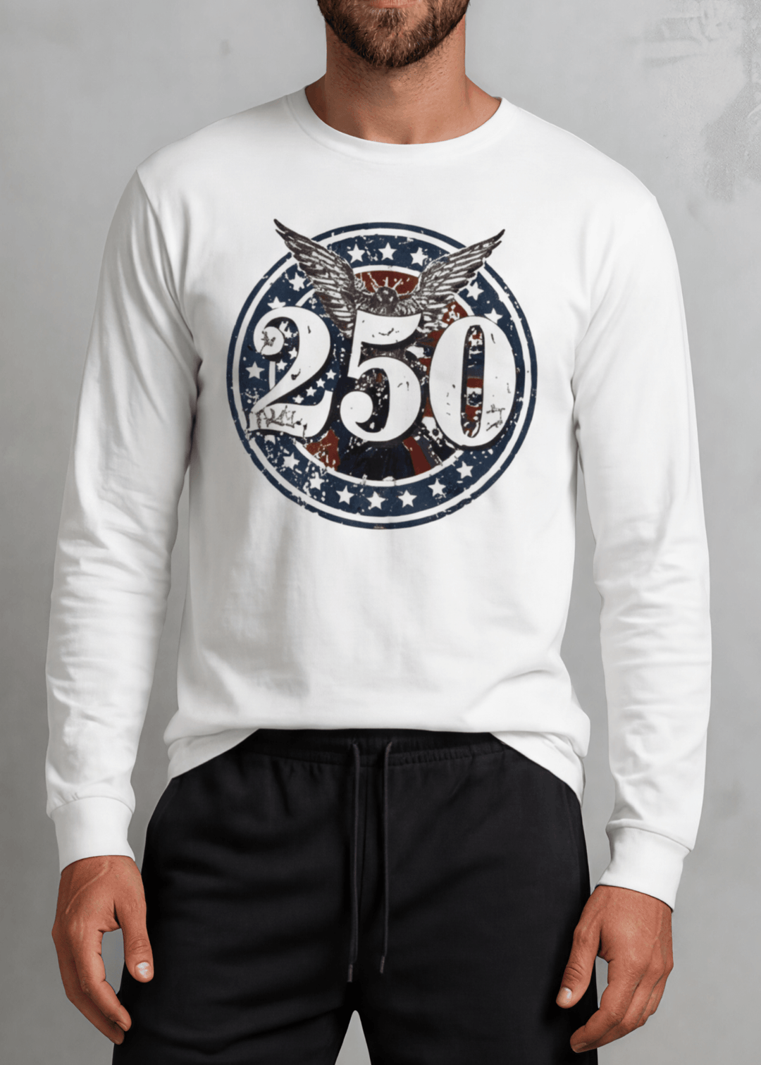 250 Emblem Eagle Patriotic Long Sleeve Tee — Made in USA with USA Cotton. Bold circle badge graphic on white, 100% pre-shrunk cotton. Perfect for 4th of July.