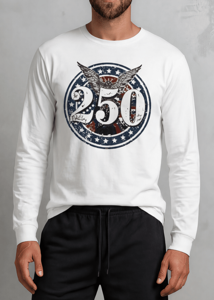 250 Emblem Eagle Patriotic Long Sleeve Tee — Made in USA with USA Cotton. Bold circle badge graphic on white, 100% pre-shrunk cotton. Perfect for 4th of July.