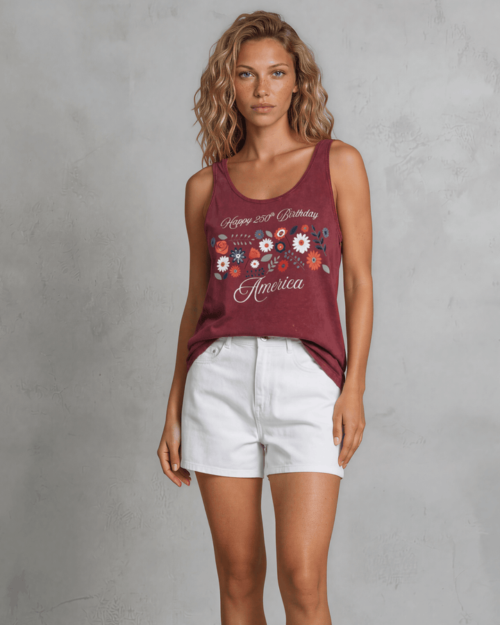 Celebrate July 4th in a USA-made, USA cotton-grown floral graphic tank top. Burnt Red Clay mineral wash, relaxed fit, soft &amp; stretchy. Proudly made in America.