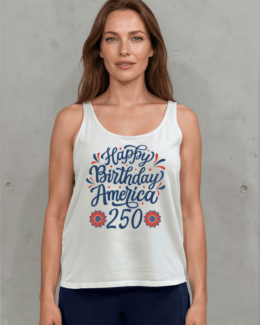 Happy Birthday America 250 Graphic Tank — Made in USA with USA Grown Cotton. Festive script &amp; floral design on white. Soft 95% cotton. Perfect for 4th of July.