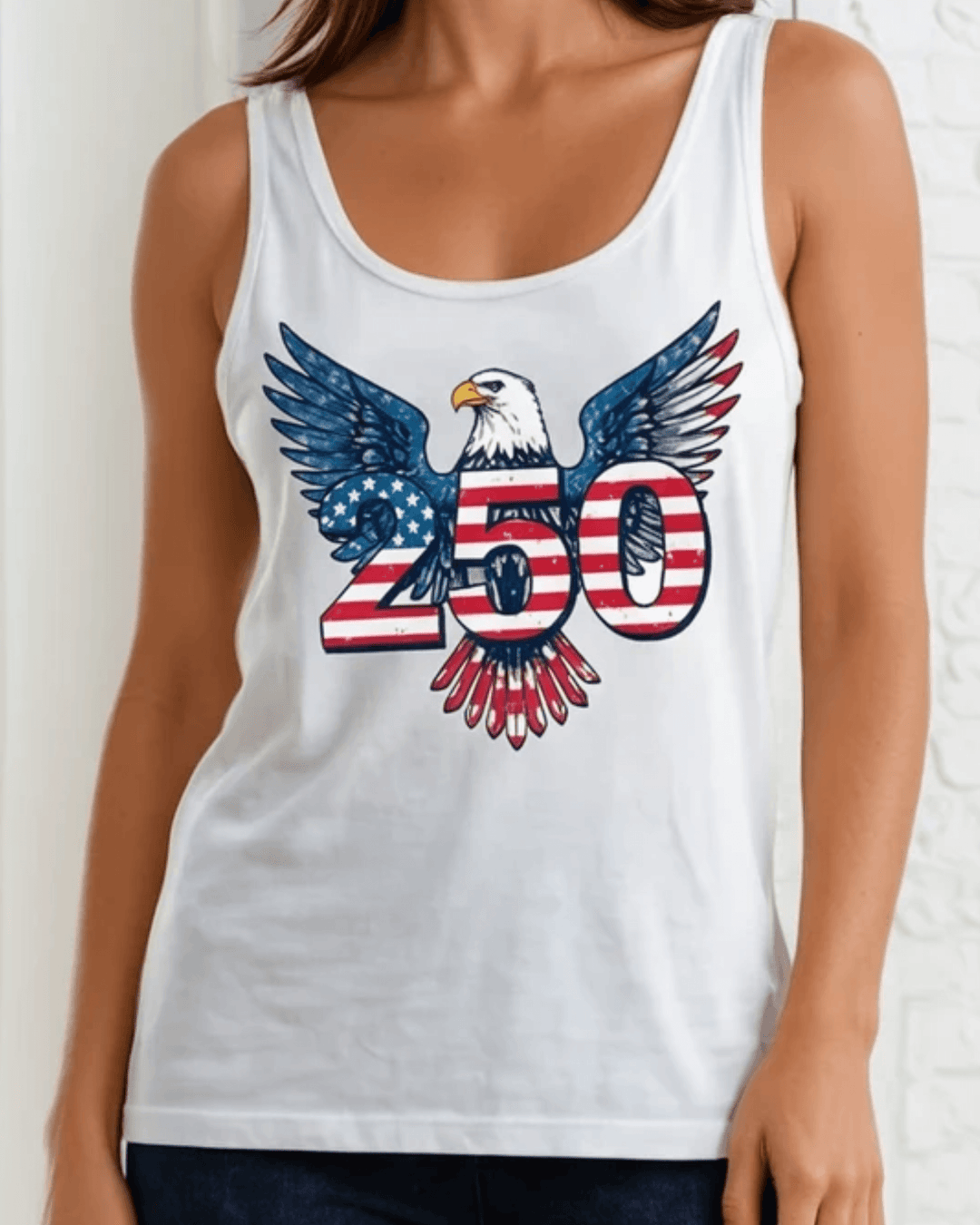 American Eagle 250 Graphic Tank — Made in USA with USA Grown Cotton. Bold bald eagle & flag-filled 250 design on white. Soft 95% cotton. Perfect for 4th of July.