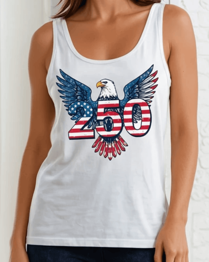 American Eagle 250 Graphic Tank — Made in USA with USA Grown Cotton. Bold bald eagle &amp; flag-filled 250 design on white. Soft 95% cotton. Perfect for 4th of July.