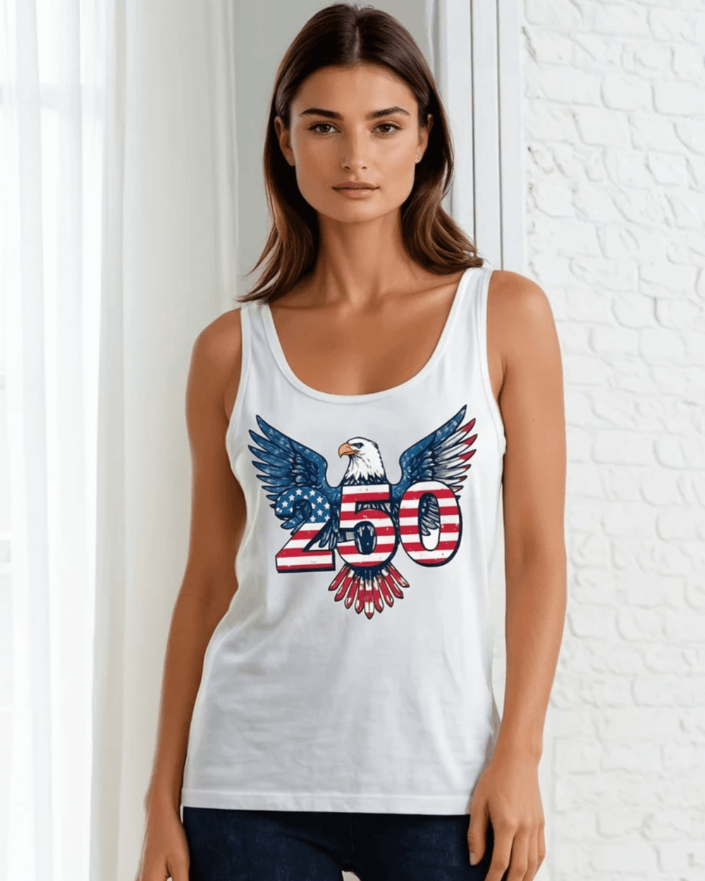 American Eagle 250 Graphic Tank — Made in USA with USA Grown Cotton. Bold bald eagle & flag-filled 250 design on white. Soft 95% cotton. Perfect for 4th of July.