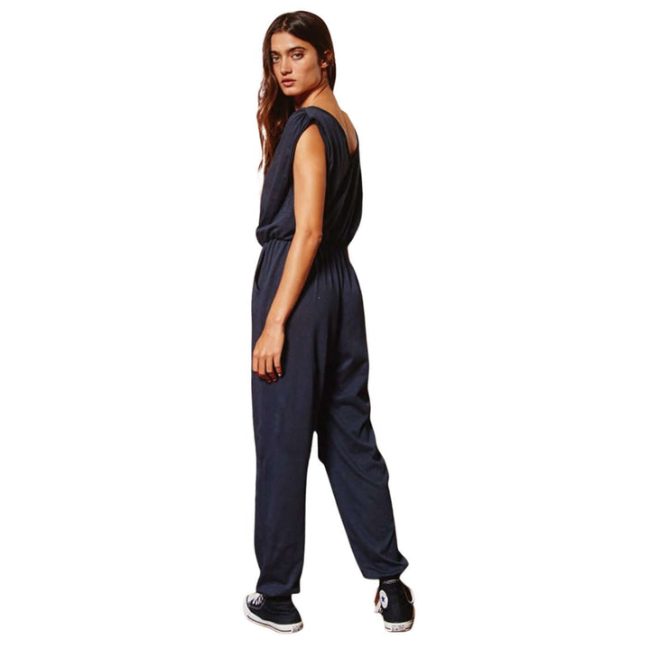 Bucket List Style# R5035B Ladies Navy Blue Cotton Casual All Season Jumpsuit Drawstring Waist | Made in USA | Classy Cozy Cool Women's Made in America Boutique