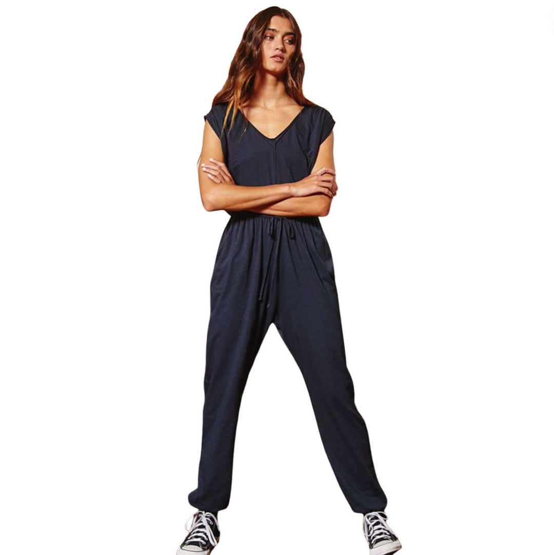 Bucket List Style# R5035B Ladies Navy Blue Cotton Casual All Season Jumpsuit Drawstring Waist | Made in USA | Classy Cozy Cool Women's Made in America Boutique