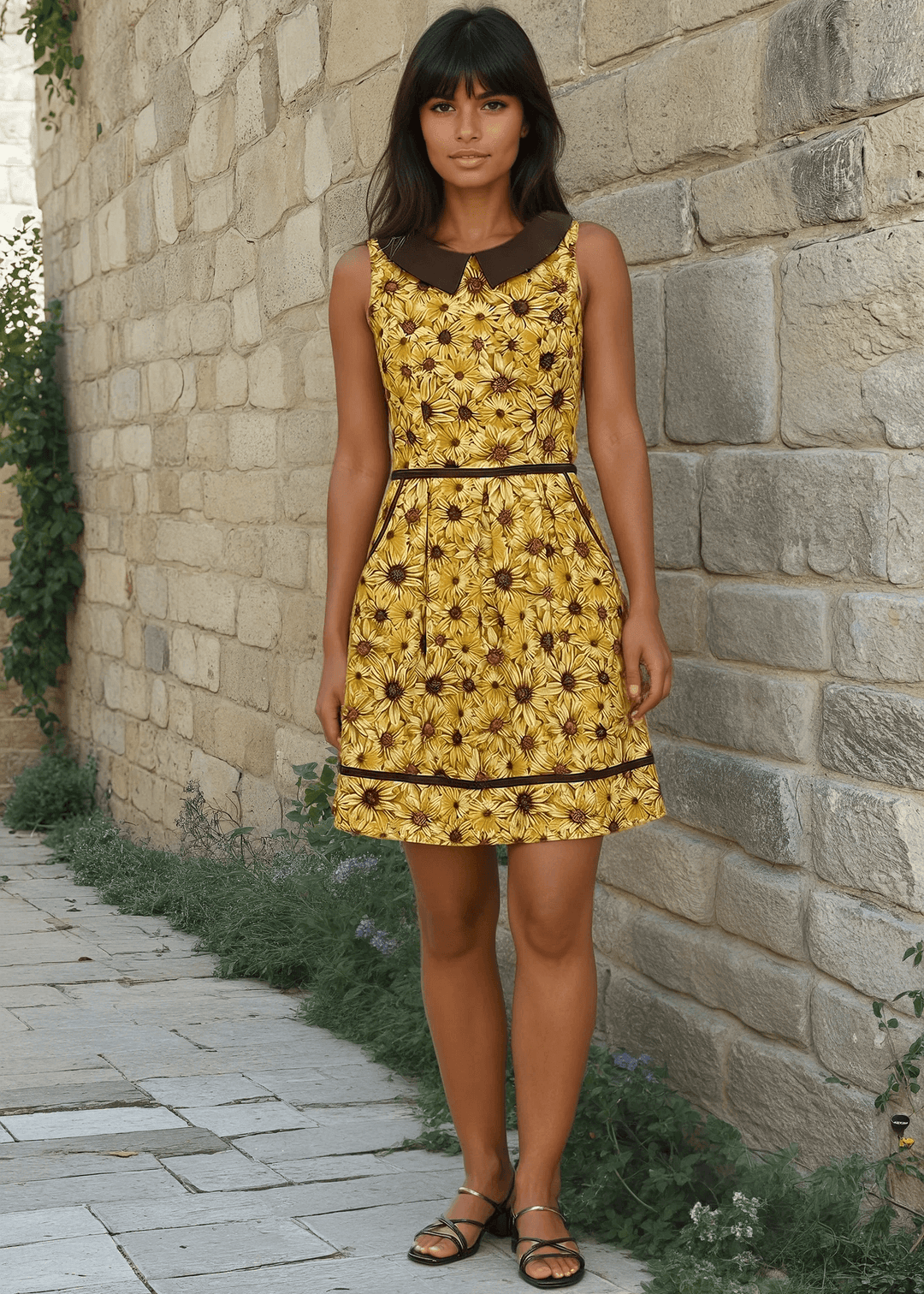 Made in USA Women's Quirky Fun Dress and totally functional, this retro dress is bound to be your new favorite! Shown in our Honey print, this 60s style cotton dress features a contrast Peter Pan collar, contrast piping throughout, a-line skirt with side pockets, and a back zippered closure. 