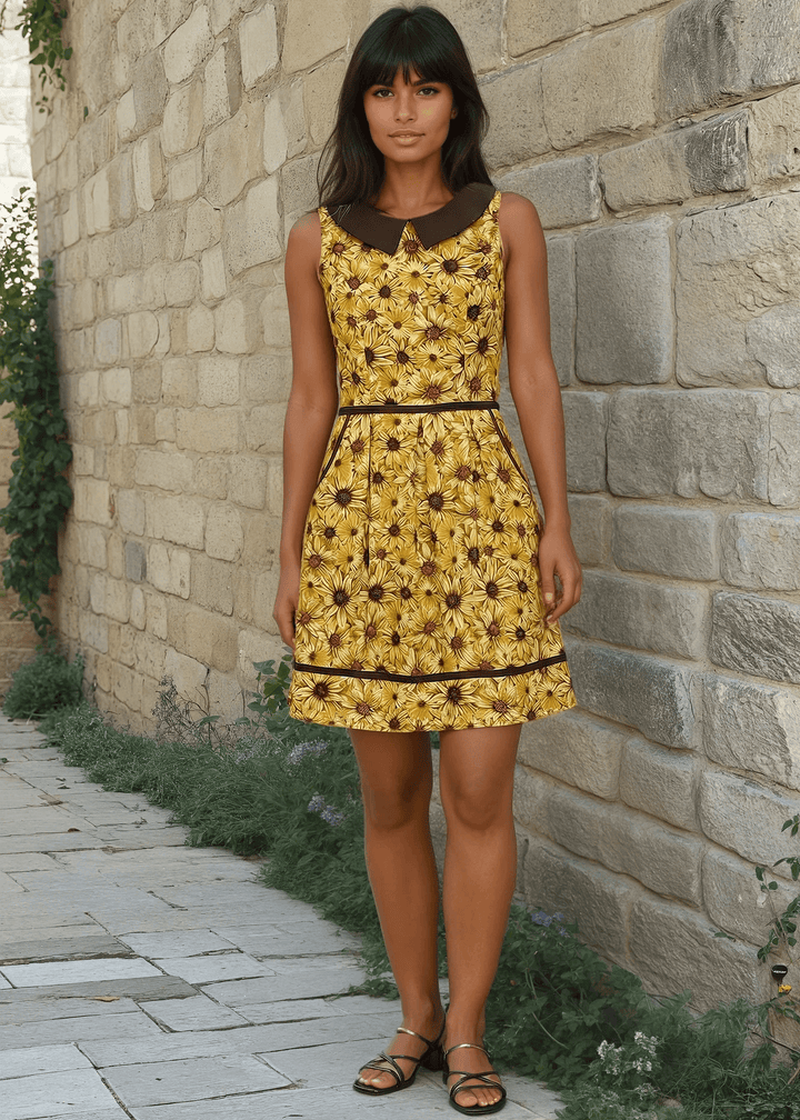 Made in USA Women's Quirky Fun Dress and totally functional, this retro dress is bound to be your new favorite! Shown in our Honey print, this 60s style cotton dress features a contrast Peter Pan collar, contrast piping throughout, a-line skirt with side pockets, and a back zippered closure. 