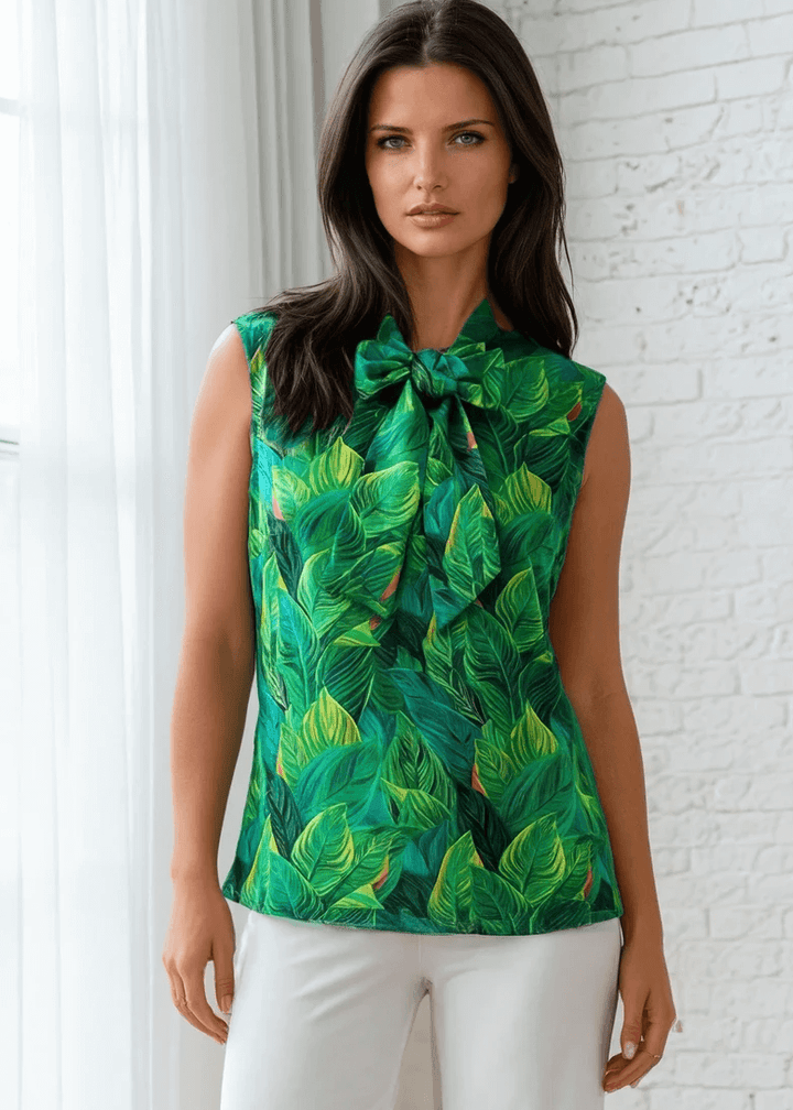 This top is for the vintage lover at heart! Shown in our leaves print, this 100% cotton top features bust darts for a flattering silhouette, a side zippered closure for ease of wear, and an oversized bow at the neckline for that perfect 1950's inspired look. 