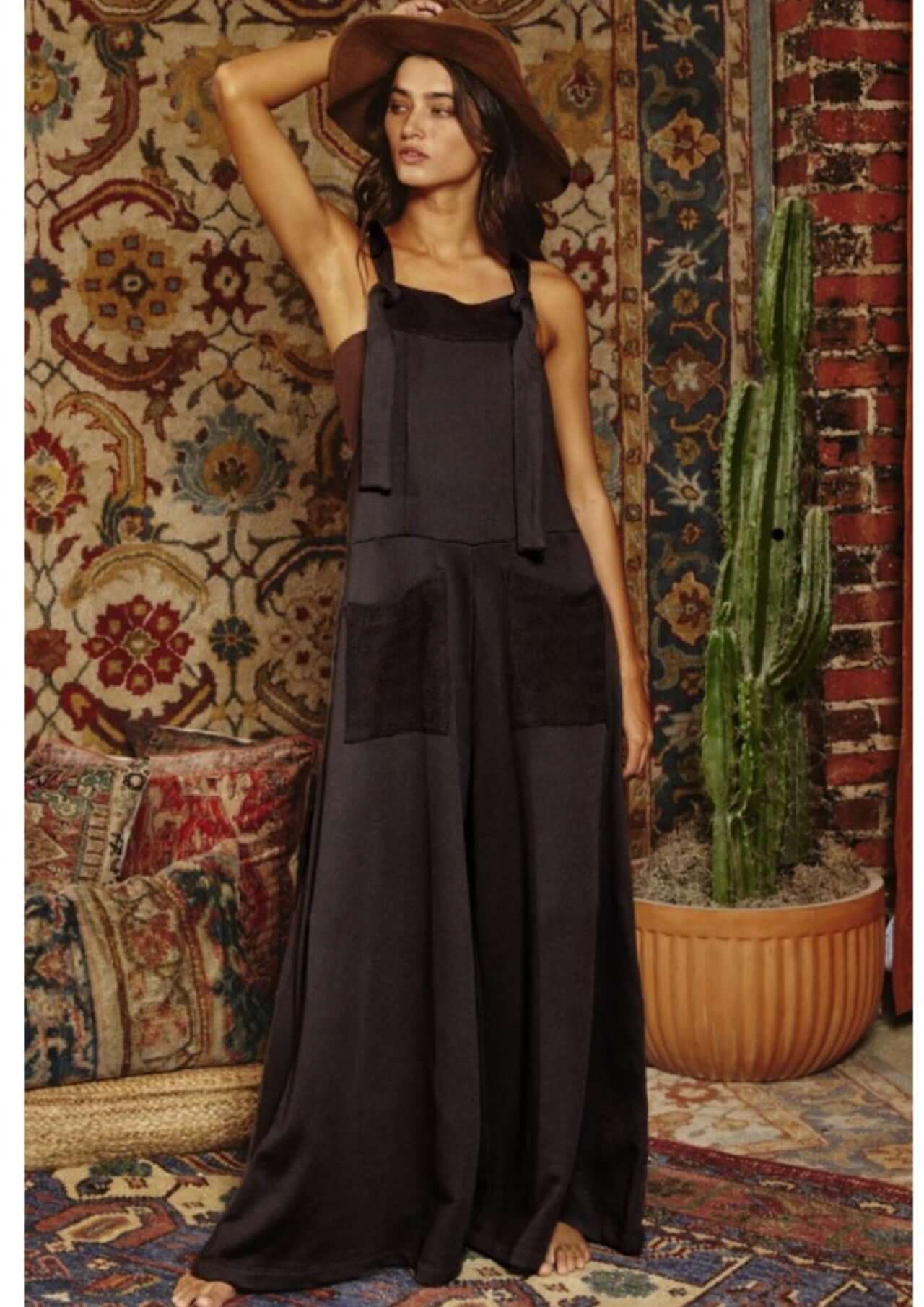 Bucket List Style# R5067 Ladies French Terry Black Overall Casual Fall Season Jumpsuit with Adjustable Straps  | Made in USA | Women's Made in America Boutique