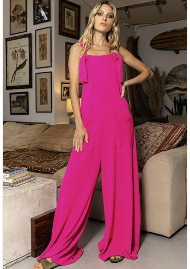 Bucket List Style# R5076 Ladies Fuchsia Oversized Slouchy Overalls Jumpsuit with Adjustable Knot Tie Straps | Made in USA | Class Cozy Cool Women's Made in America Boutique