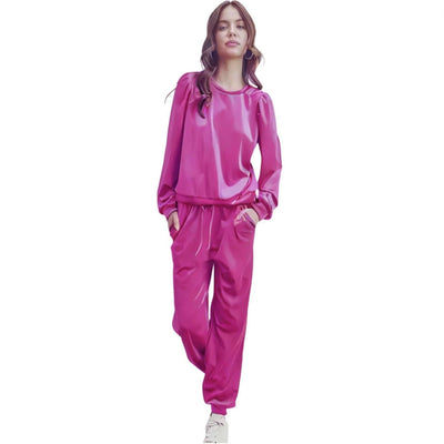 USA Made Women's Glam Velour Relaxed Fit Track Suit with Puff Sleeves in Fuchsia | Classy Cozy Cool Women's Made in USA Boutique