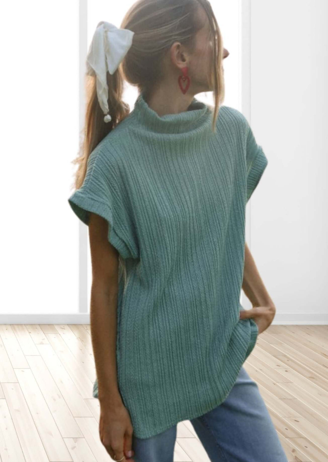 Made in USA Women's Mock Neck Soft Knit Top Sleeveless Drop Shoulder Sweater Vest with Side Slits in Teal | Classy Cozy Cool Women's Made in America Boutique