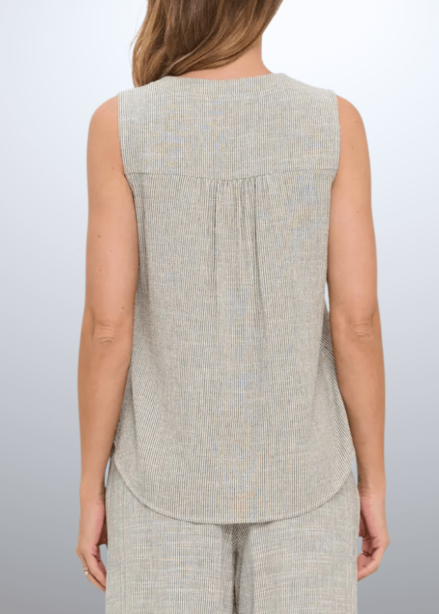 Elevate your casual wardrobe with the Made in USA Women's Selah V-Neck Sleeveless Top. Featuring a classic charcoal stripe on ivory and crafted from a breathable cotton, rayon, and linen blend | Renee C Style 5114P
