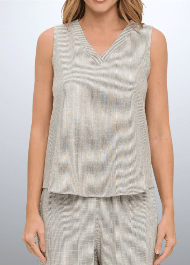 Elevate your casual wardrobe with the Made in USA Women's Selah V-Neck Sleeveless Top. Featuring a classic charcoal stripe on ivory and crafted from a breathable cotton, rayon, and linen blend | Renee C Style 5114P