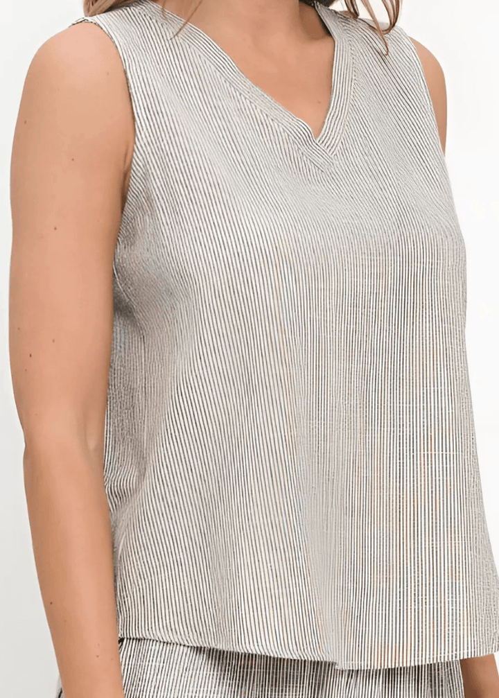 Elevate your casual wardrobe with the Made in USA Women's Selah V-Neck Sleeveless Top. Featuring a classic charcoal stripe on ivory and crafted from a breathable cotton, rayon, and linen blend | Renee C Style 5114P