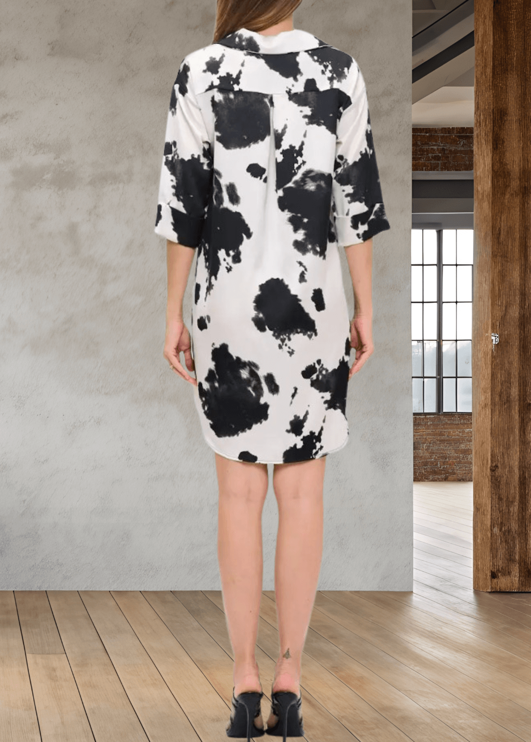 Women's USA Made Black and White Cow Print Mini Shirt Dress or Tunic Classy Cozy Cool | Made in USA | Women's Clothing Boutique Women's USA Made Black and White Cow Print Mini Shirt Dress or Tunic Classy Cozy Cool | Made in USA | Women's Clothing Boutique