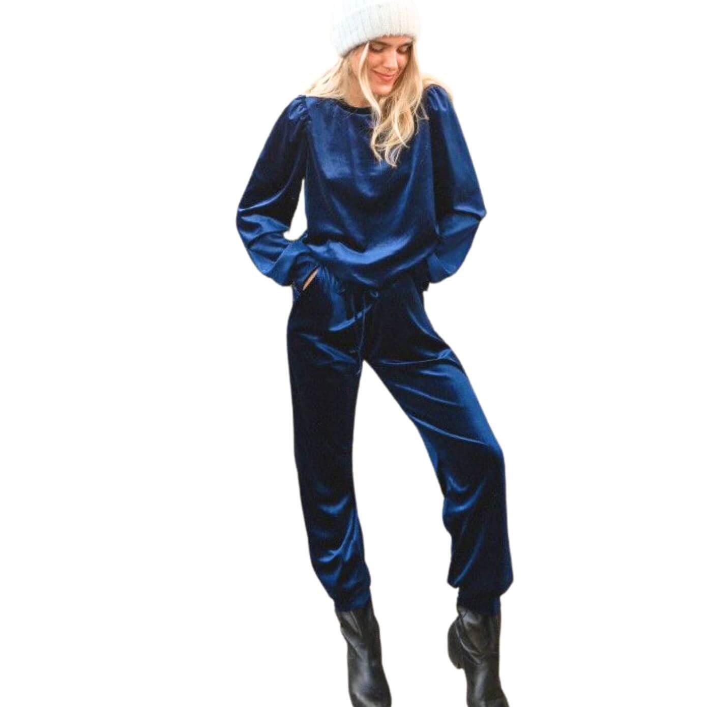 USA Made Women's Glam Velour Relaxed Fit Track Suit with Puff Sleeves Available in Royal Blue | Classy Cozy Cool Women's Made in USA Boutique