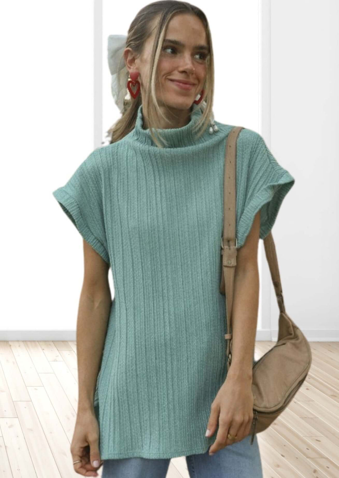 Made in USA Women's Mock Neck Soft Knit Top Sleeveless Drop Shoulder Sweater Vest with Side Slits in Teal | Classy Cozy Cool Women's Made in America Boutique