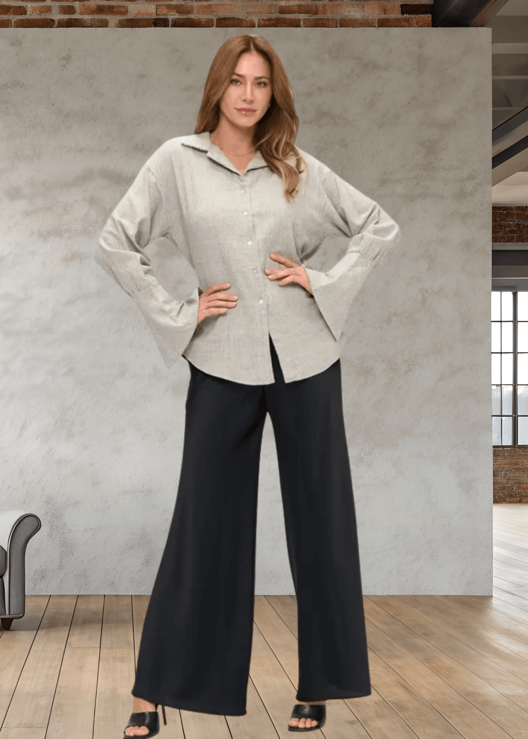 Elevate your wardrobe with the Made in USA Gabriella Cuff Detail Striped Top, featuring a classic collared design and long sleeves with stylish split bell cuffs. The tie-back detail adds a modern twist, while the subtle charcoal pinstripes on ivory make for a versatile, sophisticated look. Crafted from a breathable blend of cotton, rayon, and linen, this top offers all-day comfort and easy care with machine washable fabric. 