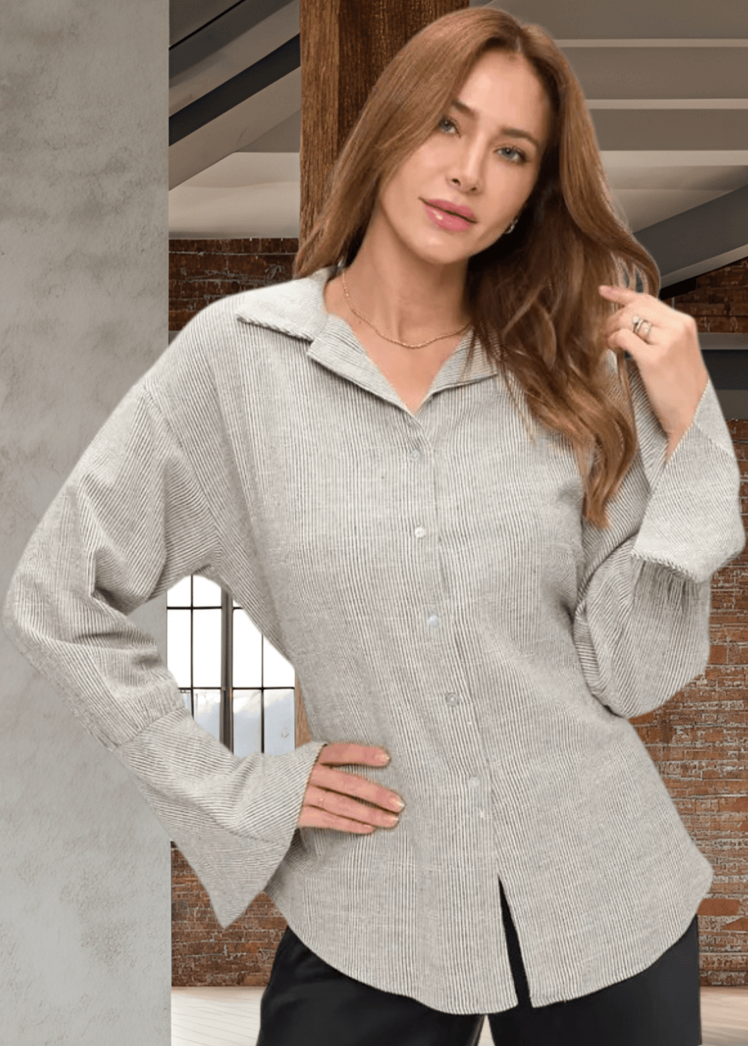 Elevate your wardrobe with the Made in USA Gabriella Cuff Detail Striped Top, featuring a classic collared design and long sleeves with stylish split bell cuffs. The tie-back detail adds a modern twist, while the subtle charcoal pinstripes on ivory make for a versatile, sophisticated look. Crafted from a breathable blend of cotton, rayon, and linen, this top offers all-day comfort and easy care with machine washable fabric. 