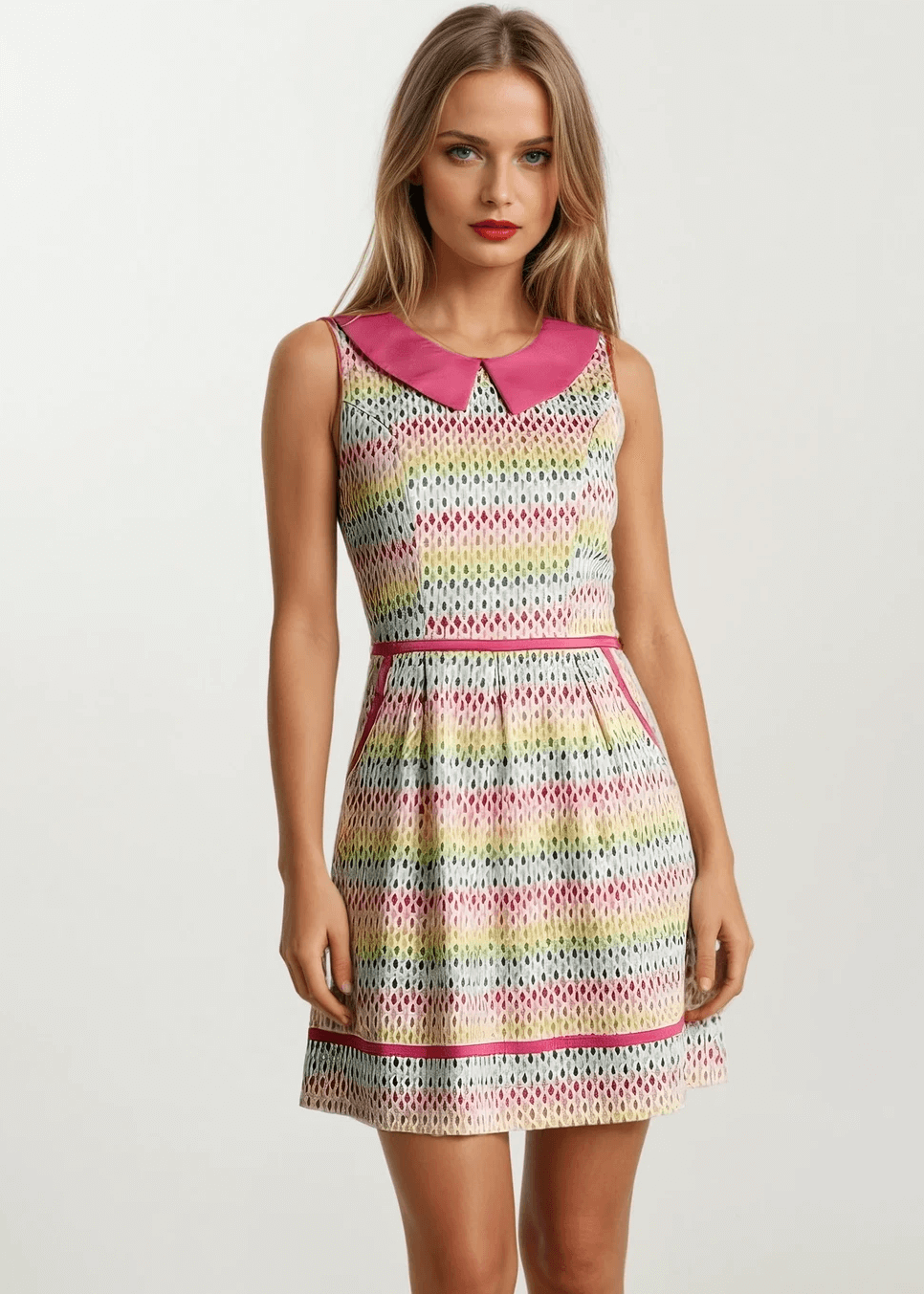 Mod Style Made in USA Dress, Fun and totally functional, this retro dress is bound to be your new favorite! Shown in our Rainbow Drop print, this 60s style cotton dress features a contrast Peter Pan collar, contrast piping throughout, a-line skirt with side pockets, and a back zippered closure.