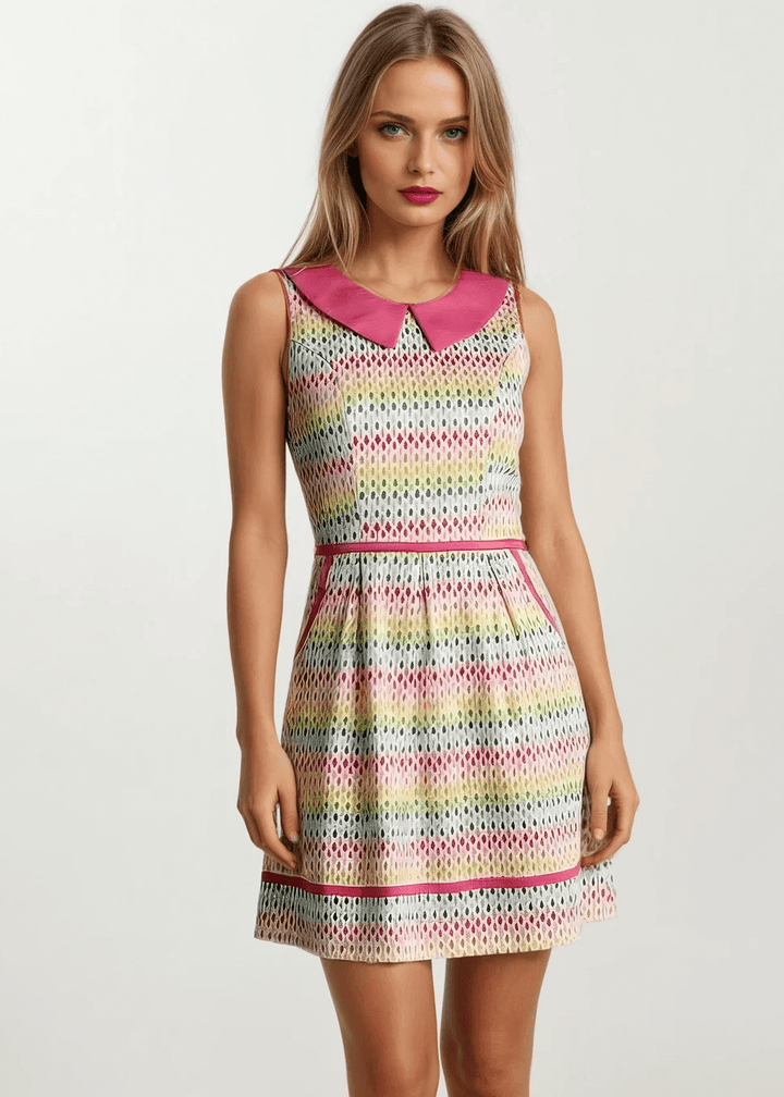 Mod Style Made in USA Dress, Fun and totally functional, this retro dress is bound to be your new favorite! Shown in our Rainbow Drop print, this 60s style cotton dress features a contrast Peter Pan collar, contrast piping throughout, a-line skirt with side pockets, and a back zippered closure.