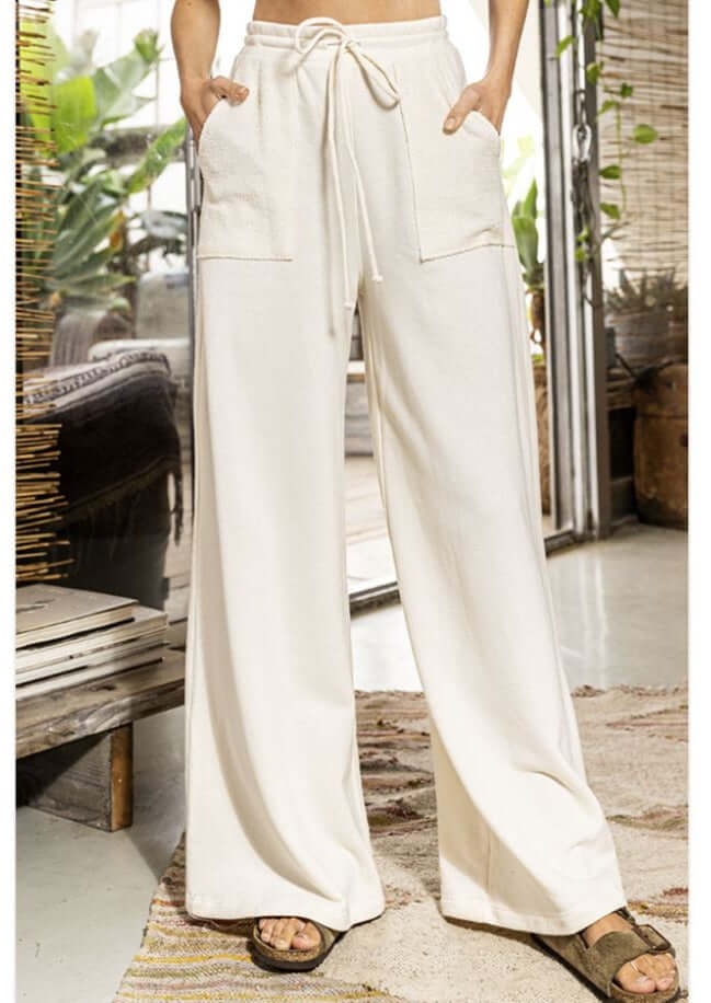 Bucket List Clothing Style# P5297 | French Terry Drawstring Cotton Blend Loungewear Pants in Cream | Made in USA | Classy Cozy Cool Women's Made in America Boutique