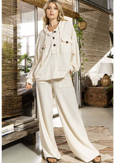 Bucket List Clothing Style# P5297 | French Terry Drawstring Cotton Blend Loungewear Pants in Cream | Made in USA | Classy Cozy Cool Women's Made in America Boutique