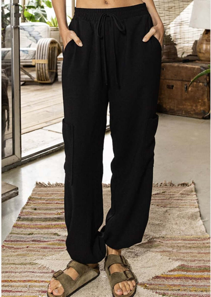 Bucket List Clothing Style# P5311 | Textured Relaxed Fit Cotton Knit Fashion Cargo Joggers in Black | Made in USA | Classy Cozy Cool Women's Made in America Clothing Boutique