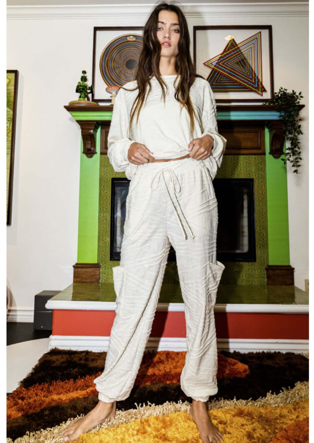 Bucket List Clothing Style# P5311 | Textured Relaxed Fit Knit Fashion Cargo Joggers in Cream | Made in USA | Classy Cozy Cool Women's Made in America Clothing Boutique