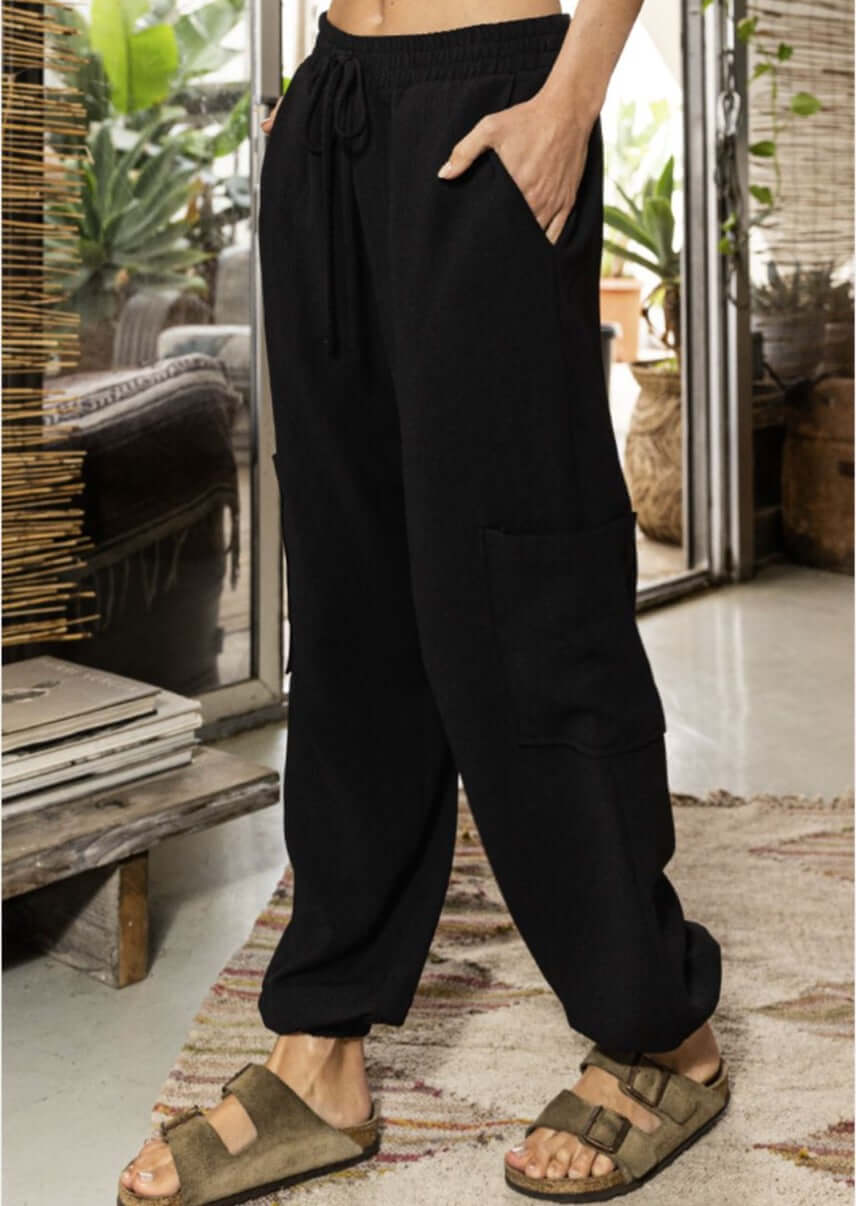 Bucket List Clothing Style# P5311 | Textured Relaxed Fit Cotton Knit Fashion Cargo Joggers in Black | Made in USA | Classy Cozy Cool Women's Made in America Clothing Boutique