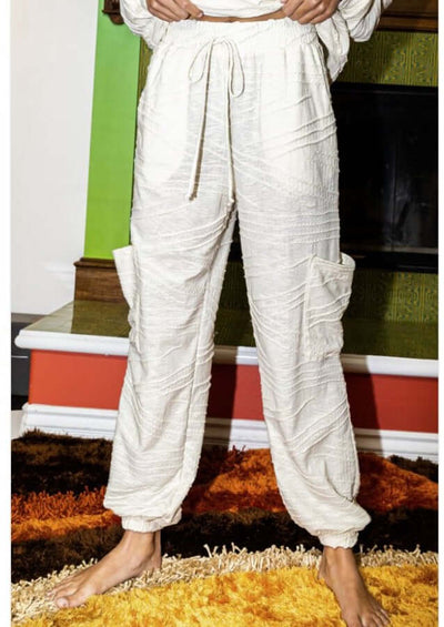 Bucket List Clothing Style# P5311 | Textured Relaxed Fit Knit Fashion Cargo Joggers in Cream | Made in USA | Classy Cozy Cool Women's Made in America Clothing Boutique