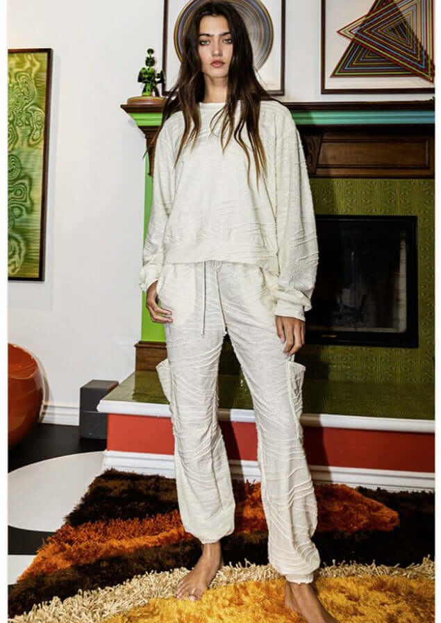Bucket List Clothing Style# P5311 | Textured Relaxed Fit Knit Fashion Cargo Joggers in Cream | Made in USA | Classy Cozy Cool Women's Made in America Clothing Boutique