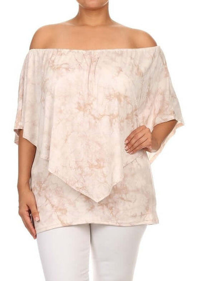 USA-made Ladies Plus Size Tie Dye Convertible Top with elastic neckline Style Multiple Ways | Chatoyant Style# P10439 | Classy Cozy Cool Women's Made in America Boutique