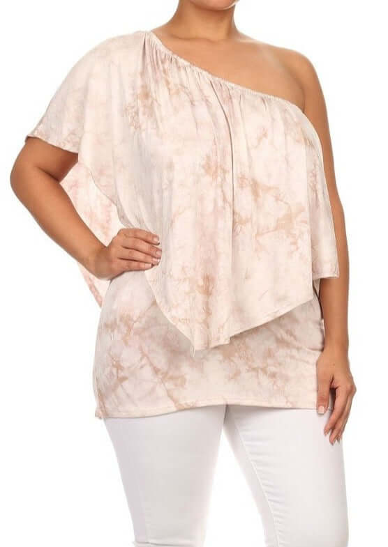 USA-made Ladies Plus Size Tie Dye Convertible Top with elastic neckline Style Multiple Ways | Chatoyant Style# P10439 | Classy Cozy Cool Women's Made in America Boutique