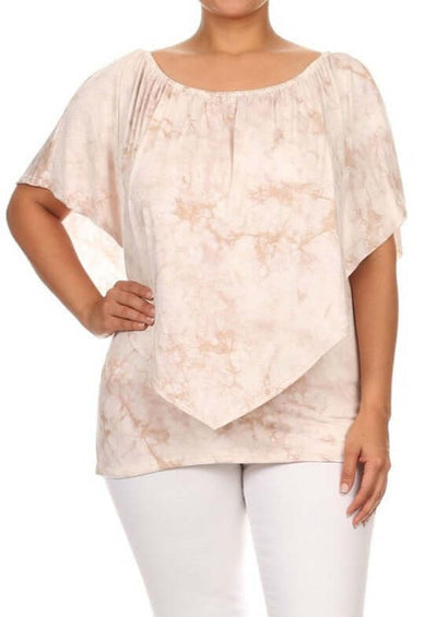 USA-made Ladies Plus Size Tie Dye Convertible Top with elastic neckline Style Multiple Ways | Chatoyant Style# P10439 | Classy Cozy Cool Women's Made in America Boutique