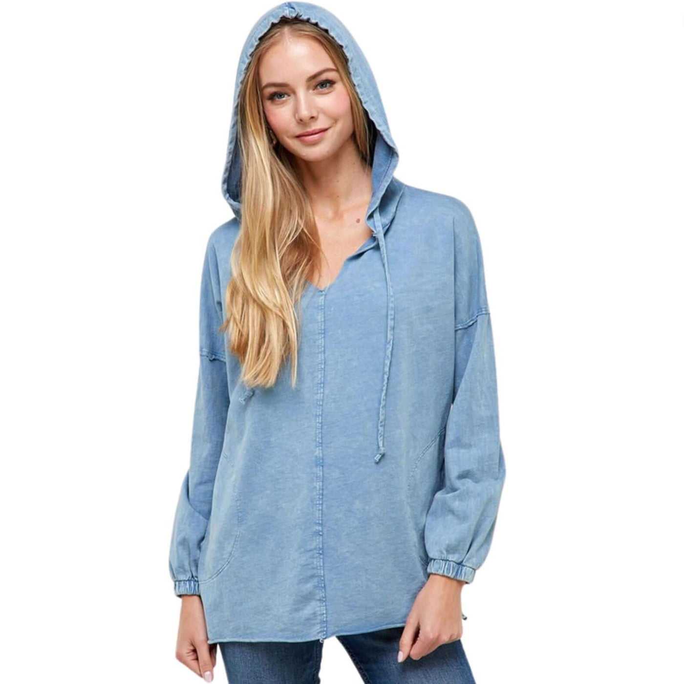 USA made ladies relaxed fit 100% cotton mineral washed tunic with drawstring hoodie Chambray Blue | Classy Cozy Cool Women's Made in America Boutique