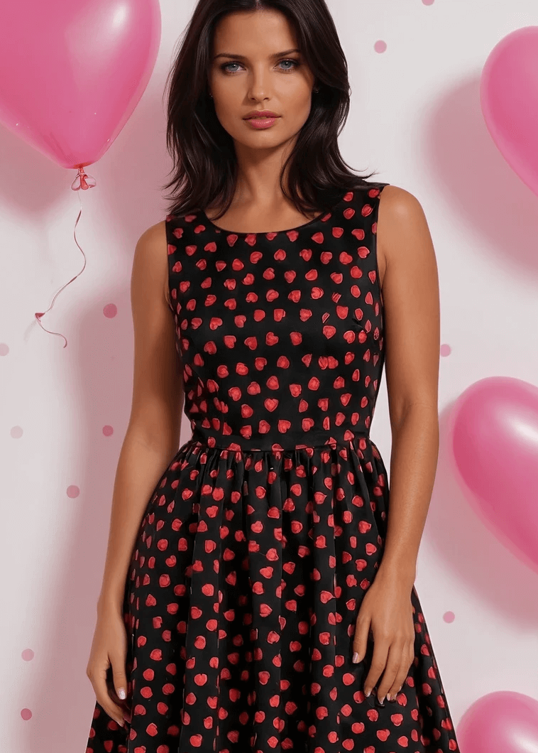 Made in USA, A women's vintage style piece with fun, modern details; our midi dress is now available in our Hearts print. Made from 100% cotton, this classic 1950's inspired dress features a high neckline, longer length swing skirt with hidden side pockets, and back zippered closure. 