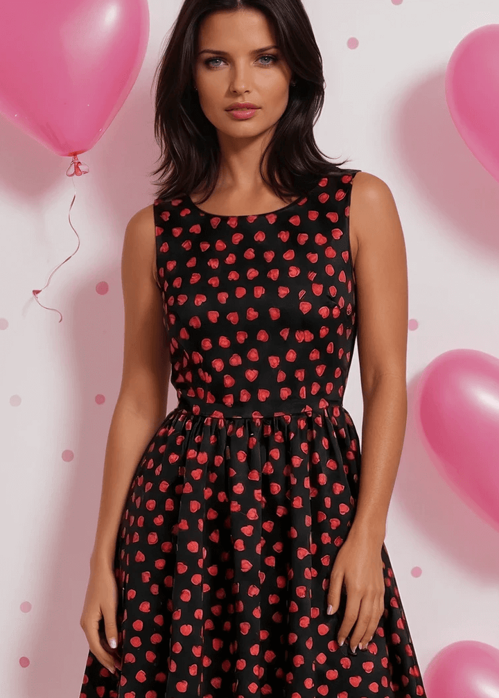 Made in USA, A women's vintage style piece with fun, modern details; our midi dress is now available in our Hearts print. Made from 100% cotton, this classic 1950's inspired dress features a high neckline, longer length swing skirt with hidden side pockets, and back zippered closure. 