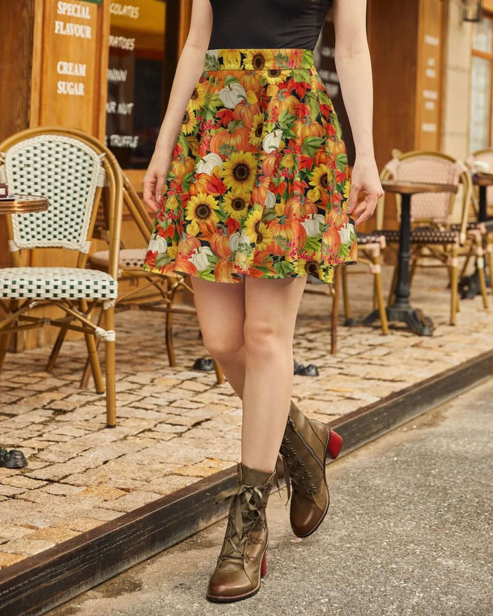 Made in USA. Shop the Sunflower &amp; Pumpkin cotton skater skirt by Retrolicious, with a vintage-inspired silhouette and elasticized back waist. Perfect for Fall.