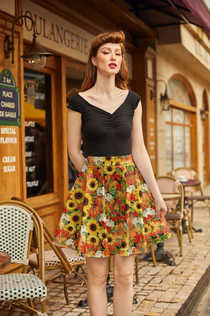Made in USA. Shop the Sunflower &amp; Pumpkin cotton skater skirt by Retrolicious, with a vintage-inspired silhouette and elasticized back waist. Perfect for Fall.