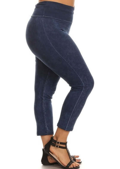 American Made Plus Size Ladies Dark Denim Mineral Washed Pull On Capri Leggings with Tummy Control Fold Over Waist |  Chatoyant C30249 | Classy Cozy Cool Women's American Boutique
