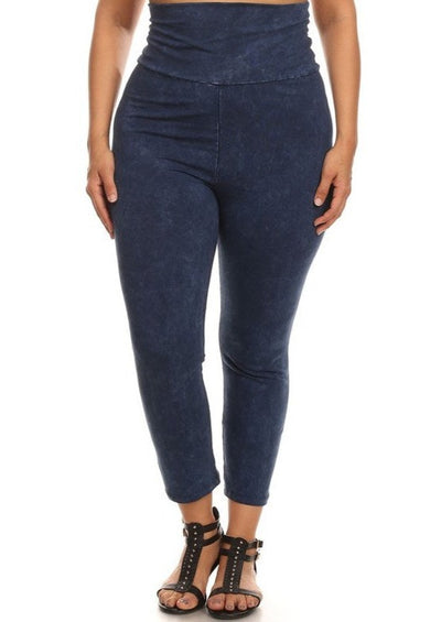 American Made Plus Size Ladies Dark Denim Mineral Washed Pull On Capri Leggings with Tummy Control Fold Over Waist |  Chatoyant C30249 | Classy Cozy Cool Women's American Boutique