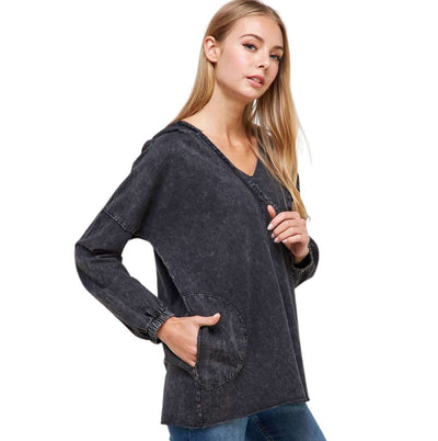 USA made ladies relaxed fit 100% cotton mineral washed tunic with drawstring hoodie in Washed Black | Classy Cozy Cool Women's Made in America Boutique