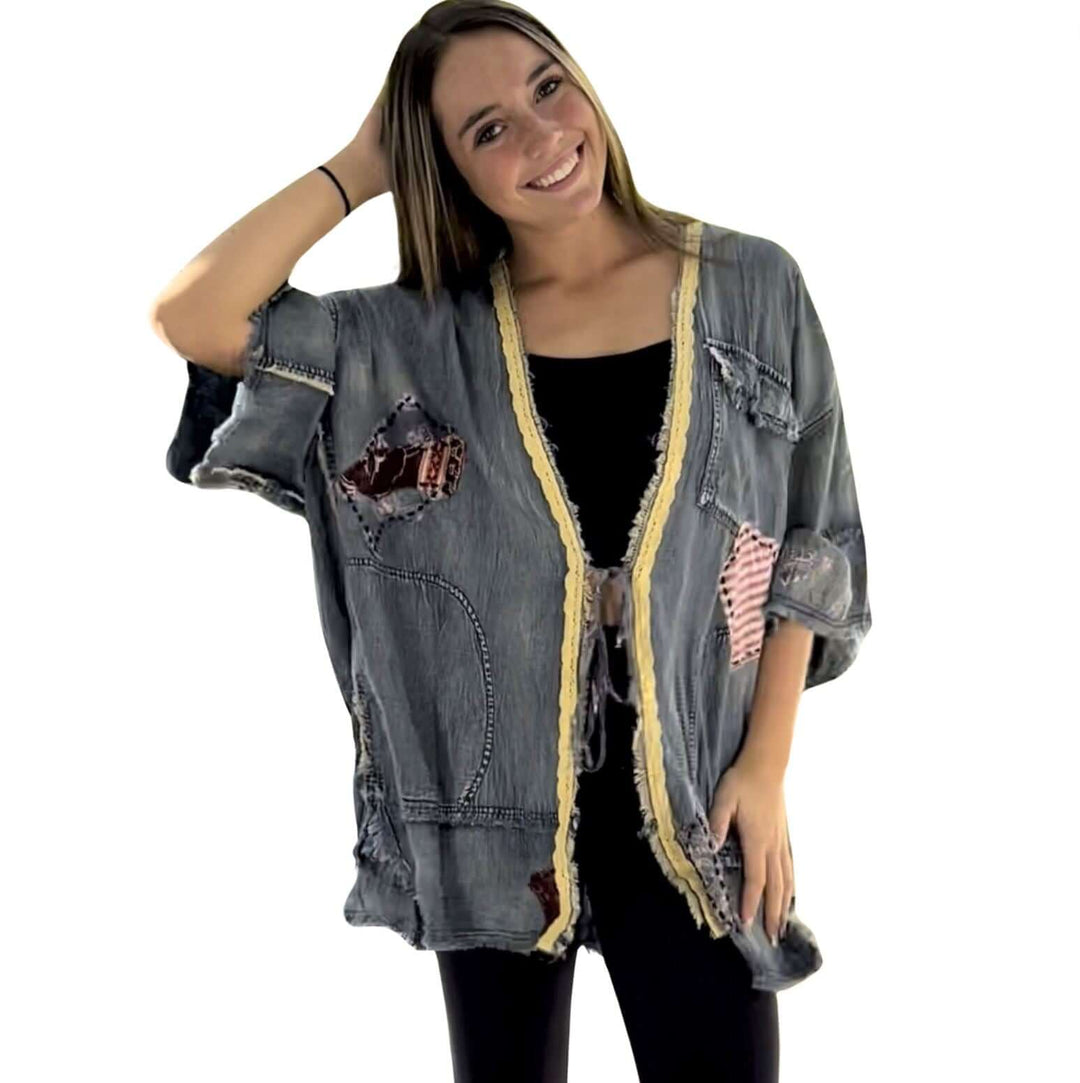 Jaded Gypsy Blue Moon Kimono Bohemian Design with Patchwork Detail & Large Front Pockets - Chambray | Made In USA | Classy Cozy USA Made in America Boutique
