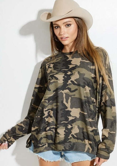 Made in USA Women's Oversized Camo Long Sleeves Crew Neck Longer Length Tee Shirt | Classy Cozy Cool Women's Made in America Clothing Boutique