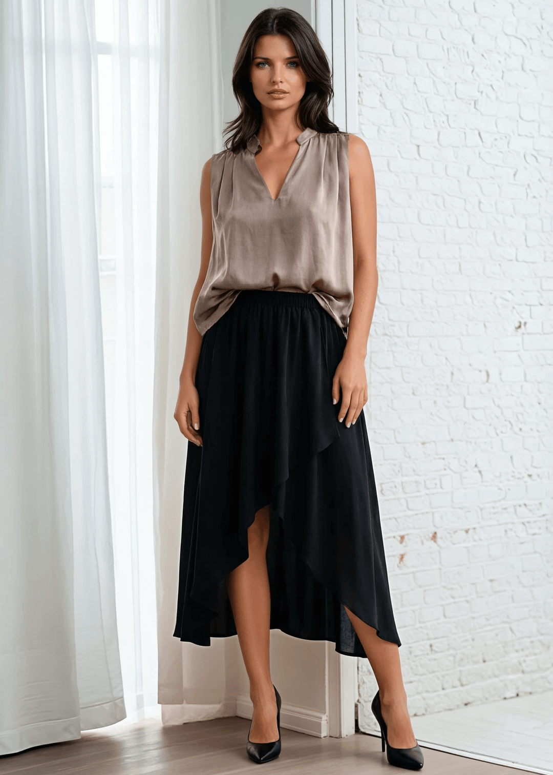 Elevate your wardrobe with this sophisticated taupe poly silk top, designed for effortless elegance. The sleeveless silhouette and flattering V-neckline create a refined look, while strategic pleating at the front and back adds subtle dimension and movement Paired with Elevate your everyday wardrobe with the Cascade High-Low Maxi Skirt in Black—a versatile piece that transitions seamlessly from casual to refined. 