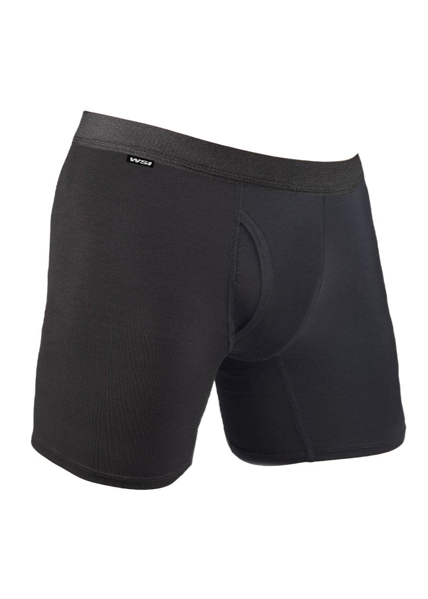 Made in USA WSI Sportswear Men's HYPRTECH™ BAMBOO Boxer Brief w/ Fly, advanced moisture-wicking properties and durability, Contoured pouch, Built in Fly, Relaxed fit Utilizes HYPRTECH™ BAMBOO low compression, a new and innovative eco-friendly technology Advanced moisture wicking properties 8.75" Longer Inseam 