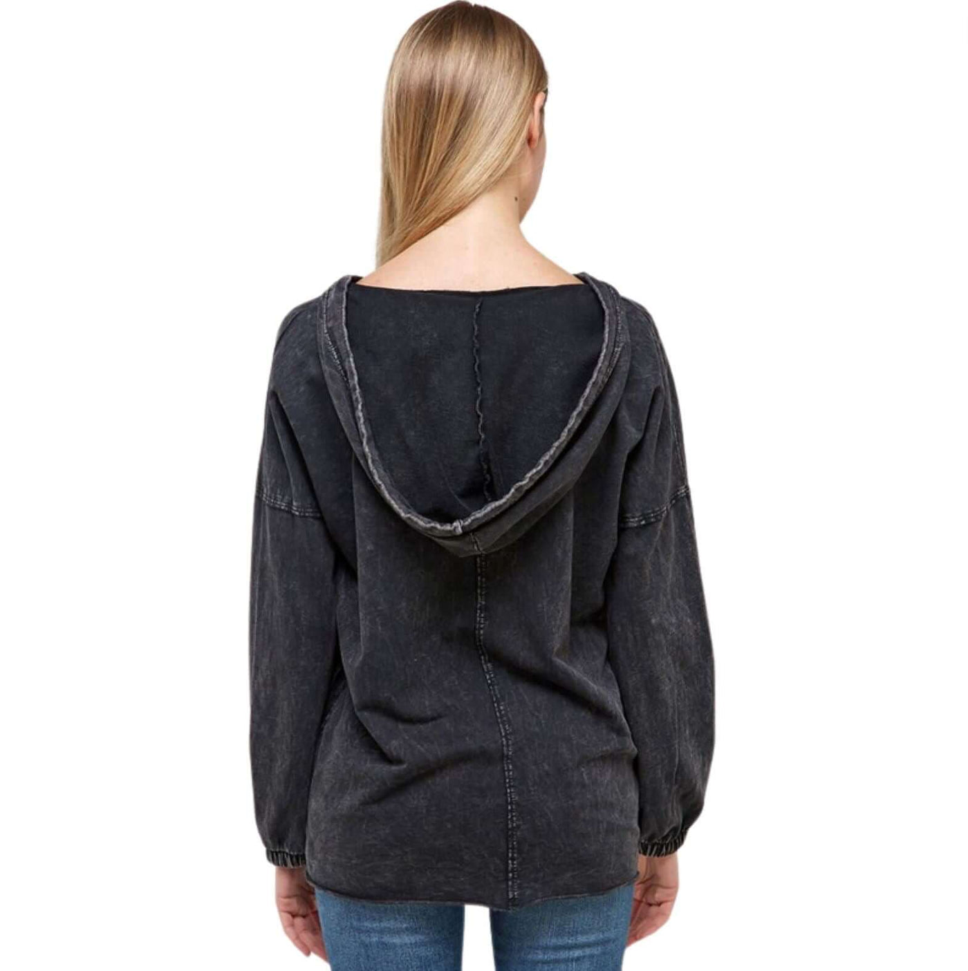 USA made ladies relaxed fit 100% cotton mineral washed tunic with drawstring hoodie in Washed Black | Classy Cozy Cool Women's Made in America Boutique