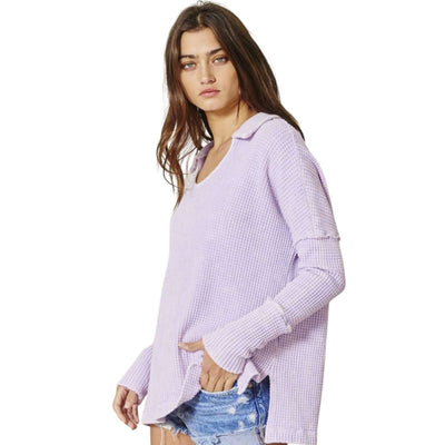 Bucket List Style# T1846 | Women's Mineral Washed Cotton Waffle Knit Split Collar Top in Lavender | Made in USA | Classy Cozy Cool Women's Made in America Clothing Boutique